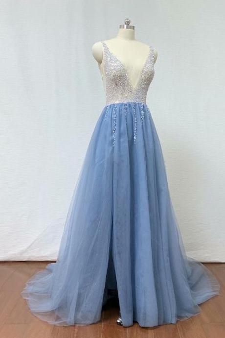 2019 Deep V Light Blue Beading Evening Dresses A Line Tulle Prom Gowns