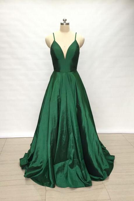 2019 Spaghetti Straps Dark Green Evening Dresses A Line Prom Gowns