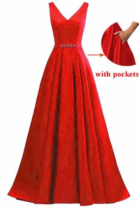 Fashion V Neck Red Evening Dresses With Pockets A Line Satin Formal Prom Gowns