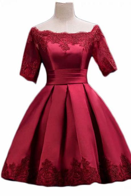 Short Sleeve Ball Gown Burgundy Satin Short Homecoming Prom Dress Evening Cocktail Gown Bridesmaid Formal Dresses