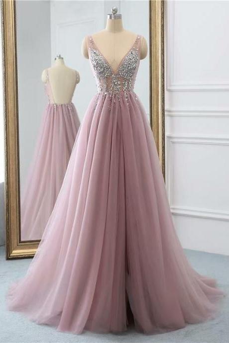Blush Pink Tulle Prom Dress Beaded V Neck Long Backless Women Party Dress