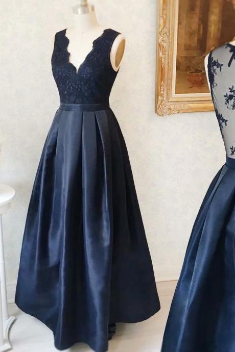 Long Navy Blue Satin Formal Dresses Featuring Lace Bodice With Deep V Neckline -- Long Elegant Prom Dresses, Sexy Evening Gowns