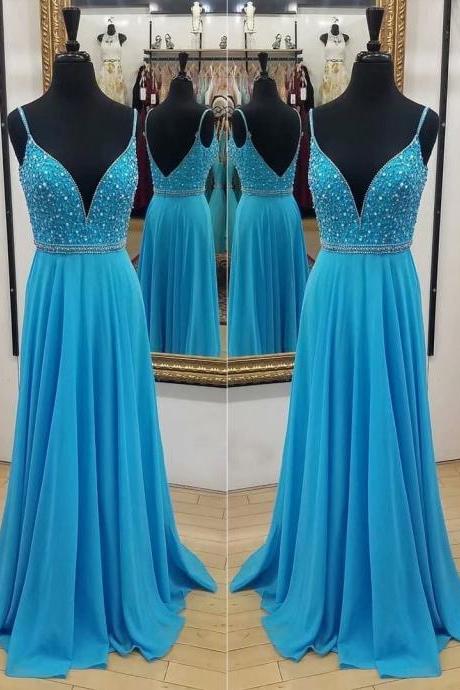 Sexy Beading Blue Chiffon Prom Dresses,Cheap Prom Dress,Prom Dresses For Teens,2019 Chiffon Evening Dresses