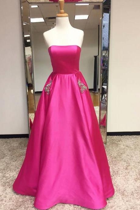 Fashion Fuschia A-line Prom Dresses With Pockets,Cheap Prom Dress,Prom Dresses For Teens,2019 Satin Evening Dresses
