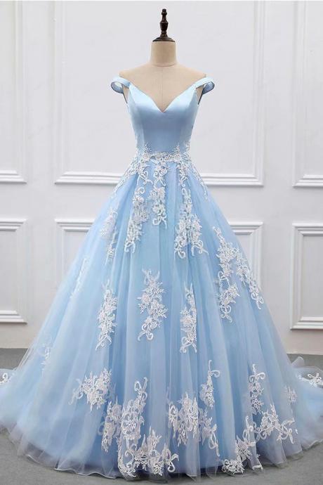 Light Blue Ball Gown Prom Dresses, Prom Dress,prom Dresses For Teens,tulle Lace Applique Off-shoulder Evening Dresses