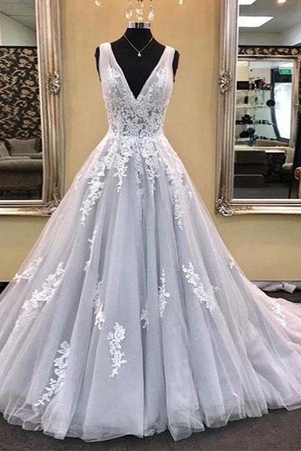 Grey Ball Gown V Neck Prom Dresses, Prom Dress,prom Dresses For Teens,2019 Tulle Lace Applique Evening Dresses