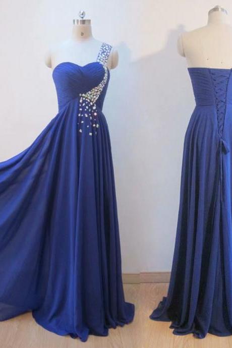Royal Blue One Shoulder A-line Prom Dresses,Cheap Prom Dress,Prom Dresses For Teens,Chiffon Evening Dresses