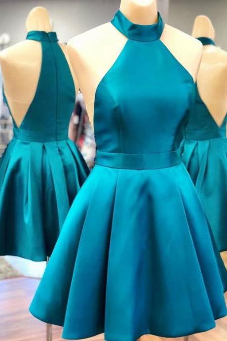 halter Turquoise Satin Homecoming Dresses Simple Women Party Dresses