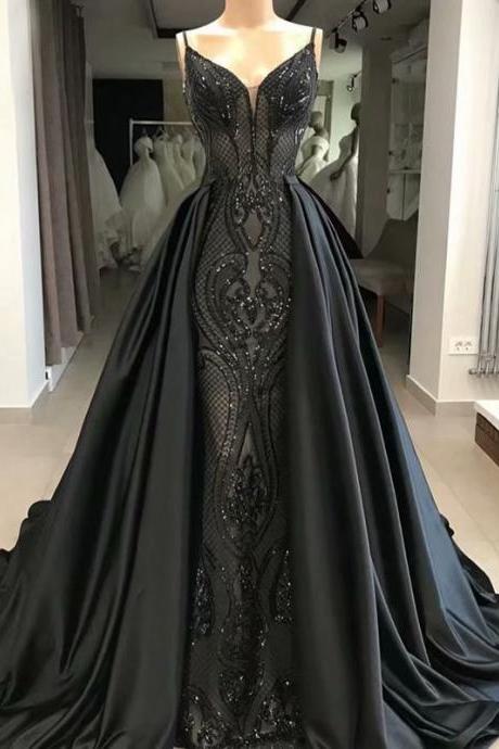 Black Satin Prom Dress,Sequined V Neck Evening Dress