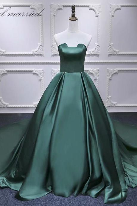 Strapless Dark Green Chapel Train Prom Dress,long Elegant Women Party Evening Dress