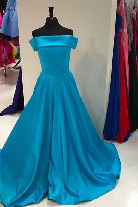 Off The Shoulder Satin Long Elegant Prom Dress, Blue Evening Dress