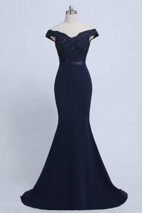 Applique Prom Dresses 2019 Off Shoulder Navy Blue Satin Sweep Train Sleeveless Evening Gown Mermaid Zipper Vestido De