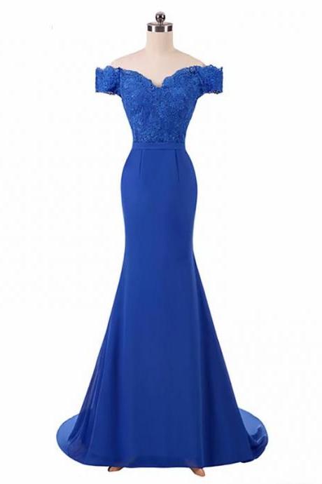 Lace Applique Prom Dresses 2019 V Neck Royal Blue Sweep Train Sleeveless Evening Gown Mermaid Lace Up Vestido De