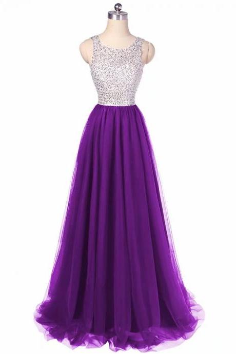 Beading Prom Dresses 2019 Scoop Neck Purple Tulle Sweep Train Sleeveless Evening Gown A-line Lace Up Vestido De