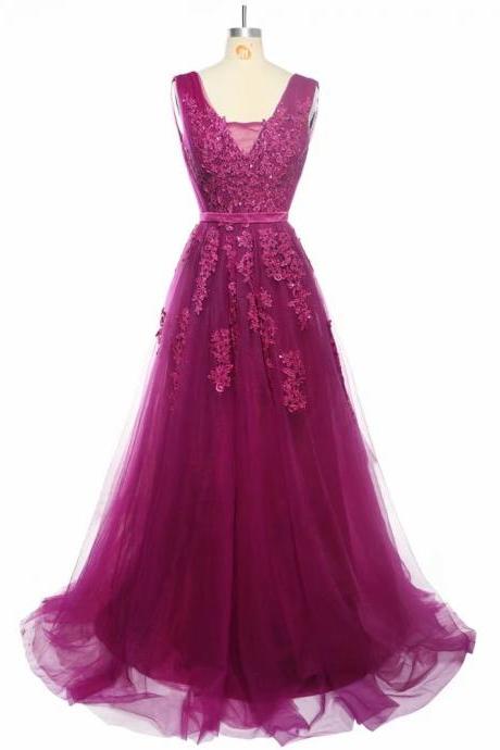 Lace Prom Dresses 2019 V neck Fuschia Tulle Sweep Train Sleeveless Evening Gown A-line Backless Vestido De