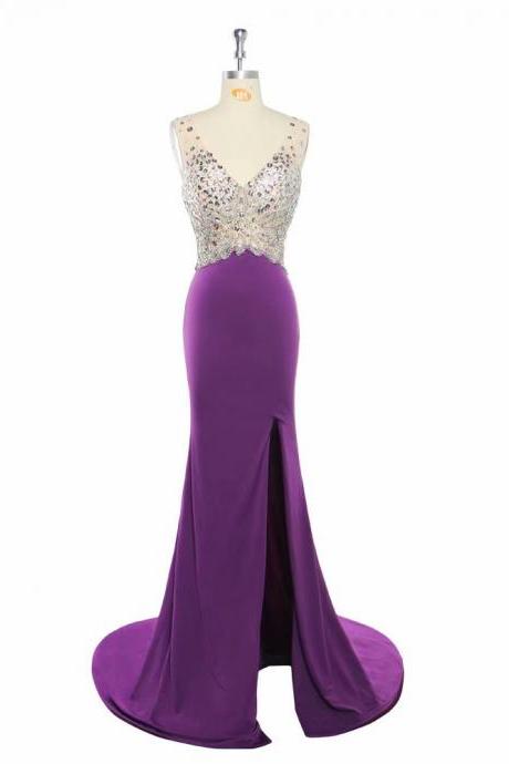 V Neck Sparkly Purple Prom Dresses 2019 Backless Evening Party Dress Elegant Sexy See Through High Split Vestido de Festa Real Photo