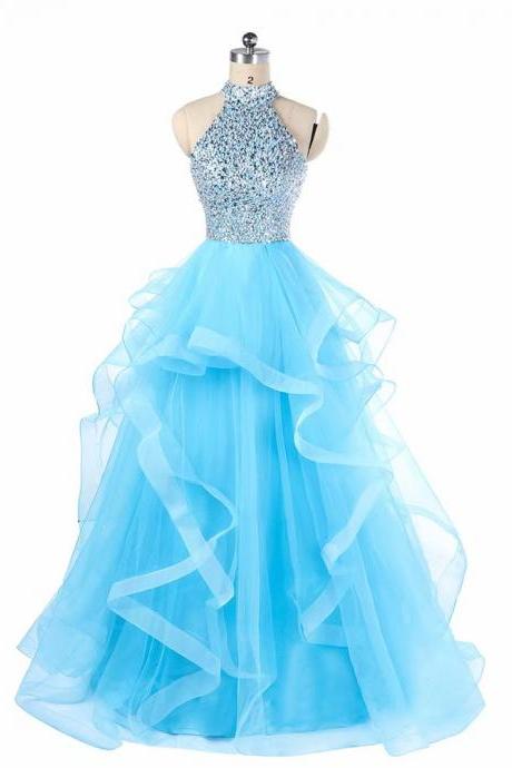 Halter Sparkly Prom Dresses 2019 Backless Evening Party Dress Elegant Sexy Tulle Vestido de Festa Real Photo Formal Gowns