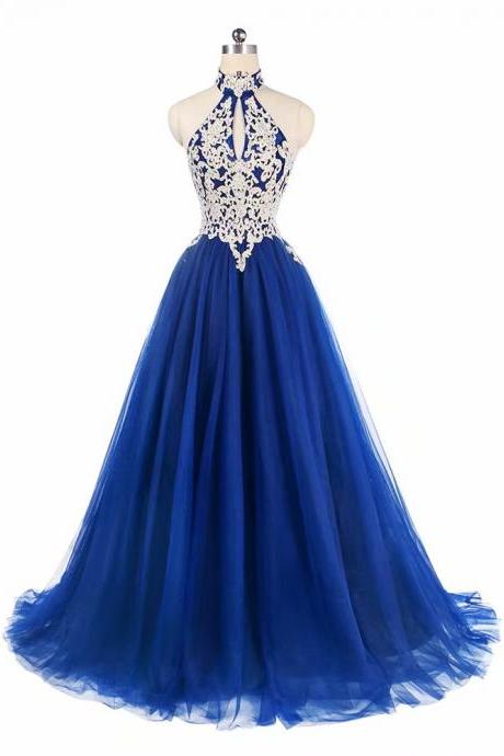 Halter Prom Dresses 2019 Blue Tulle Sweep Train Sleeveless Evening Gown A-line Backless Vestido De