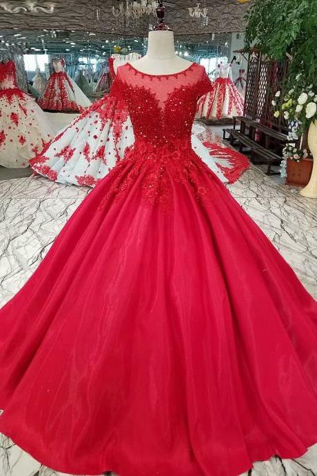 Evening dresses Sequined Scoop Neck Lace-Up back Ball Gown Party Gowns Red Floor-length Formal Prom dresses
