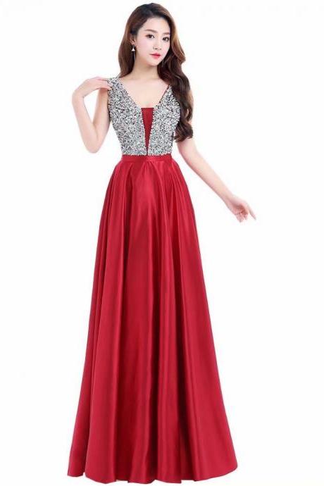 Elegant Prom Dresses Long 2019 Women's Sexy A-line Sleeveless V Neck Red Beading Cheap Evening Party Gowns