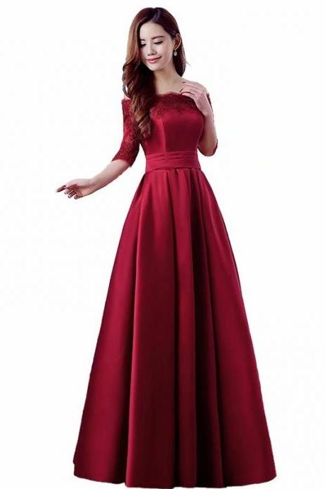 Elegant Wine Red Prom Dresses Long 2019 Women's Sexy A-line Half Sleeve Lace Cheap Evening Party Gowns