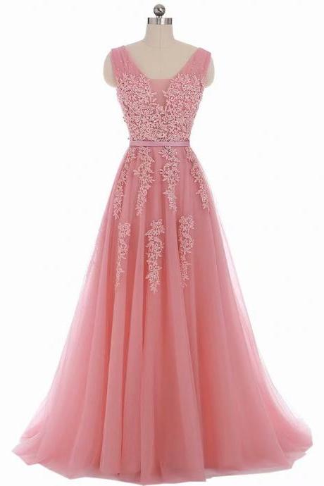Elegant Applique Prom Dresses Long 2019 Women's Sexy A-line Sleeveless Pink Lace Cheap Tulle Evening Party Gowns