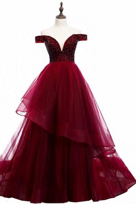 Charming Burgundy Prom Dresses Long 2019 Women's Sexy A-line Tulle Lace Applique Cheap Floor Length Evening Party Gowns
