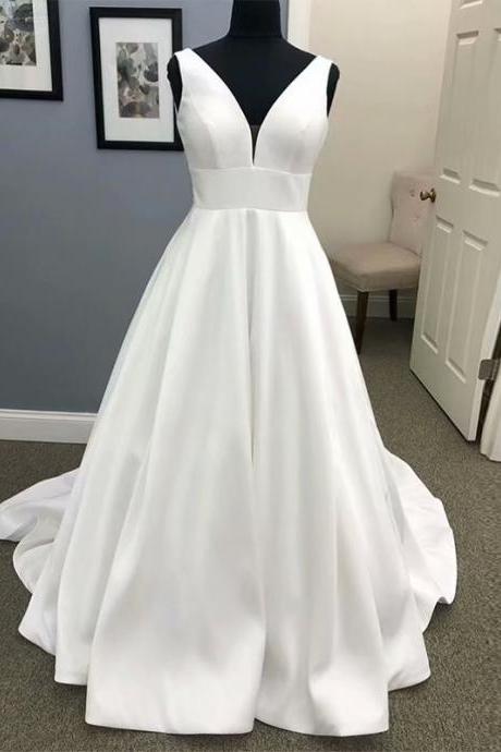 Plunging Neck Wedding Dresses Satin Bridal Gown Factory Custom Made Real Photo