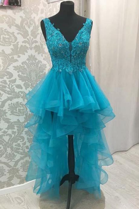 High Low Blue Evening Dresses 2019 V-neck Sleeveless Backless Sweep Train With Lace Applique Custom Made Beading Prom Dresses