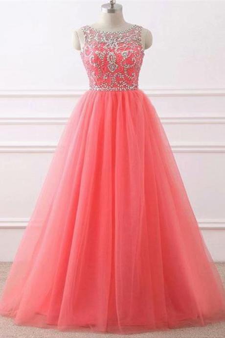 Watermelon Red Long Prom Dress,Elegant Floor Length Backless Formal Dress,Straps A line Prom Gowns for Women