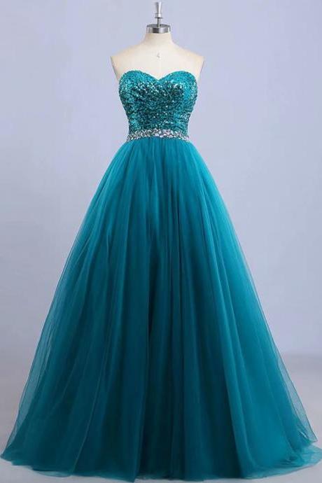 Sleeveless Sequin Tulle A Line Long Prom Dress, Evening Dress Featuring Sweetheart Neckline