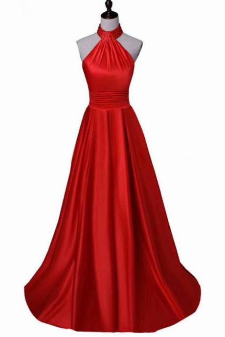 Halter Long Satin Red Prom Dress Floor Length Women Evening Dress
