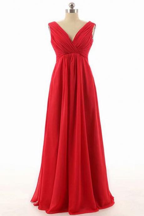 2019 Custom Made Chiffon Prom Dress,V Neck Red Party Dress,Sleeveless Prom Dress,high quality