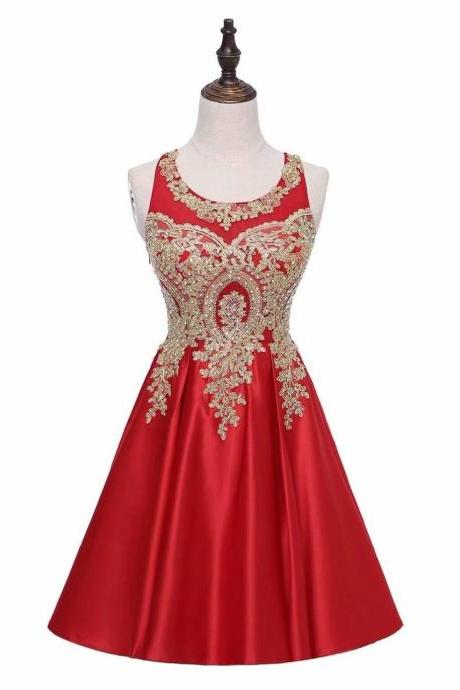 Red A-Line Scoop Short Satin Lace Bodice Bridesmaid Dress