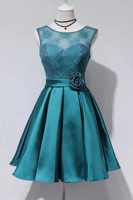 A-Line Lace Short Length Empire Teal Green Satin Bridesmaid Dress with Flower