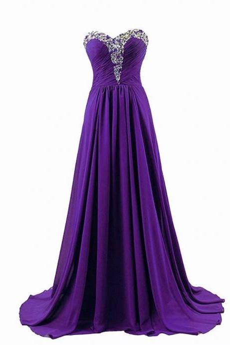 New Arrival A-Line Chiffon Purple Floor-Length Empire Chapel Train Bridesmaid Dress With Beaded Rhinestone Bodice
