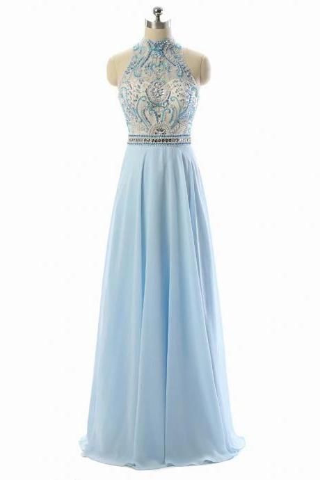 2018 A-Line Halter Neckline Floor-Length Empire Light Blue Beaded Chiffon Bridesmaid Dress with Sequins
