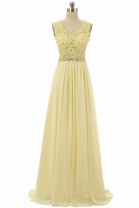A-Line V-Neck Floor-Length Empire Yellow Chiffon Bridesmaid Dress With Lace Bodice