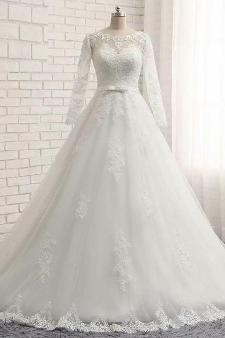 Tulle A-Line Wedding Dresses With Long Sleeves Sheer Neckline Country Bridal Dress Wedding Gowns Custom Made