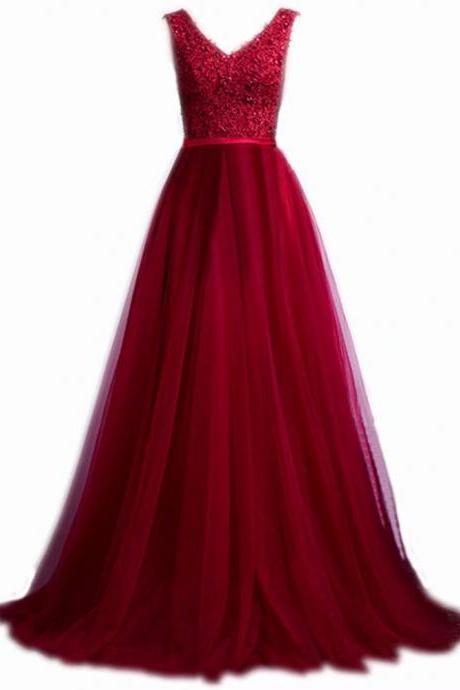 A Line Prom Dresses V Neck Sleeveless Lace Up Back Sweep Train Evening Gown Tulle Applique Party Dress Formal Gown