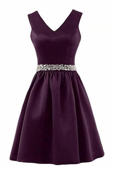 A Line Homecoming Dress Purple Prom Dresses V Neck Sleeveless Zipper Back Satin Beading Crystal Party Dress Formal Gown