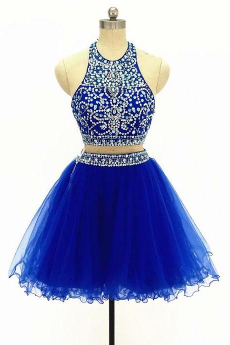 A Line Homecoming Dresses 2 Piece Royal Blue Prom Dresses High Neck Sleeveless Tulle Crystal Party Dress Formal Gown