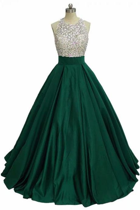 Hunter Green Crystal Beaded Prom Dresses With Halter Neckline A-Line Satin Evening Gowns Formal Imported Chinese Party Dress