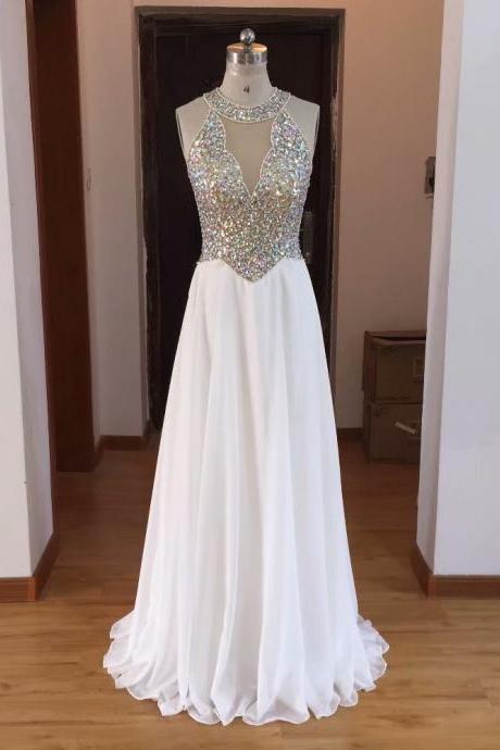 White Crystal Beaded Prom Dresses 2019 Fashion A-Line Chiffon Beaded Sheer Neck Evening Gowns Formal Imported Party Dress
