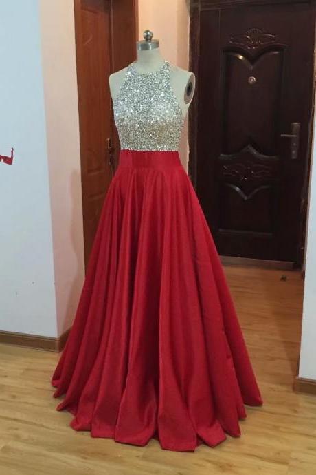 O Neck Crystal Ball Gowns Beaded Prom Dresses 2019 Fashion A-Line Red Evening Gowns Formal Wedding Party Dress