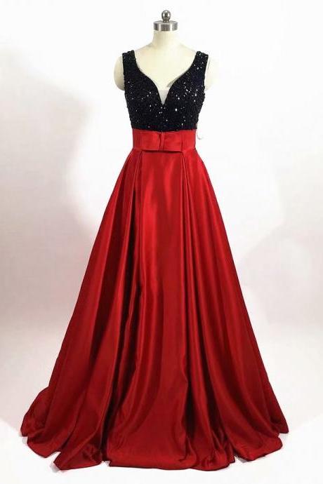 New Arrival V Neck Crystal Beaded Prom Dresses 2019 Fashion A-Line Red Evening Gowns Formal Wedding Party Dress