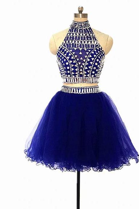 New Arrival Halter Neck Crystal Beaded Homecoming Dress Two Piece Prom Dresses 2019 Fashion A-Line Blue Evening Gowns Formal Wedding Party Dress