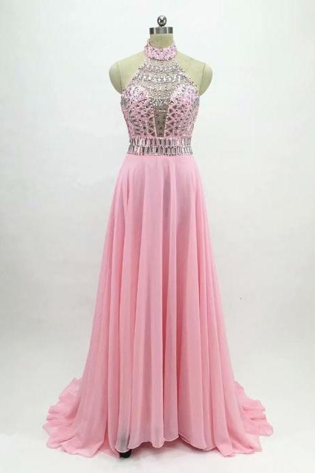 New Arrival Pink Crystal Beaded Prom Dresses 2019 Fashion A-Line Chiffon Evening Gowns Formal Wedding Party Dress
