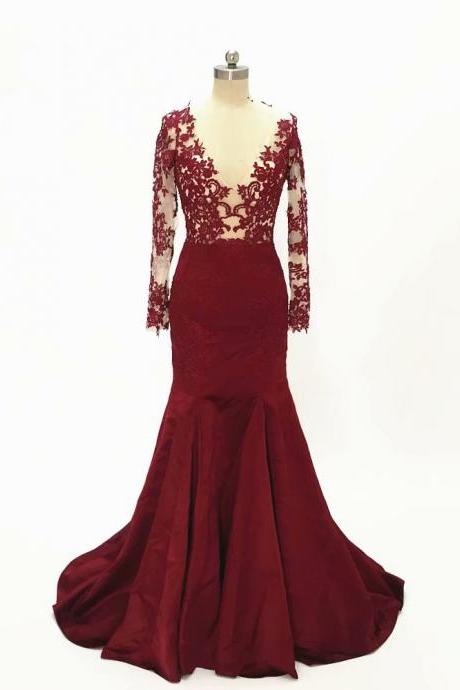 Sexy Long Sleeve Deep V Neck Prom Dresses 2019 Fashion Mermaid Satin Lace Applique Evening Gowns Formal Wedding Party Dress