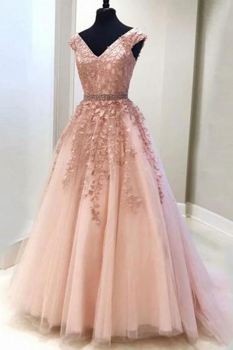 Women Dress Pink V Neck A-line Prom Dresses,Cheap Prom Dress,Prom Dresses For Teens,Applique Tulle Evening Dresses